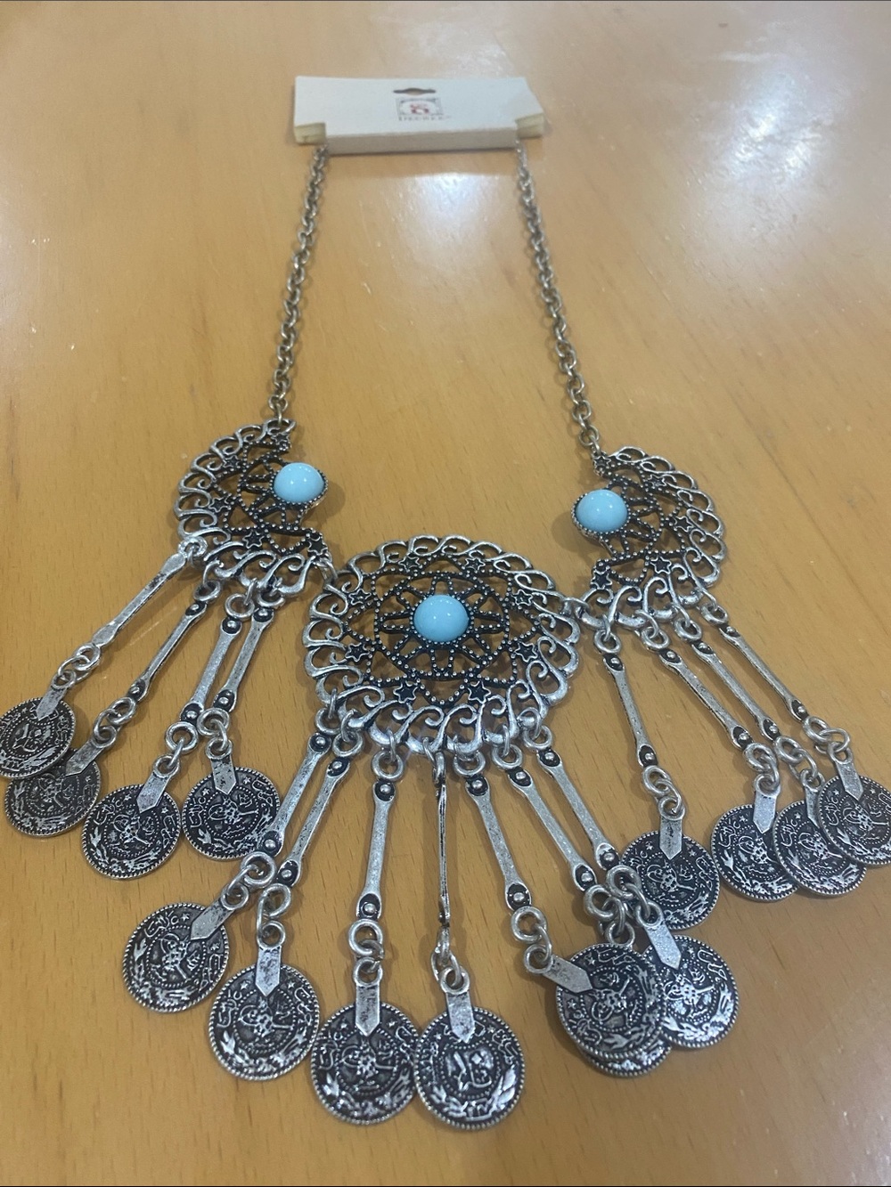 Decree Silver-Tone Boho Coin Fringe Necklace with Light Blue Accents